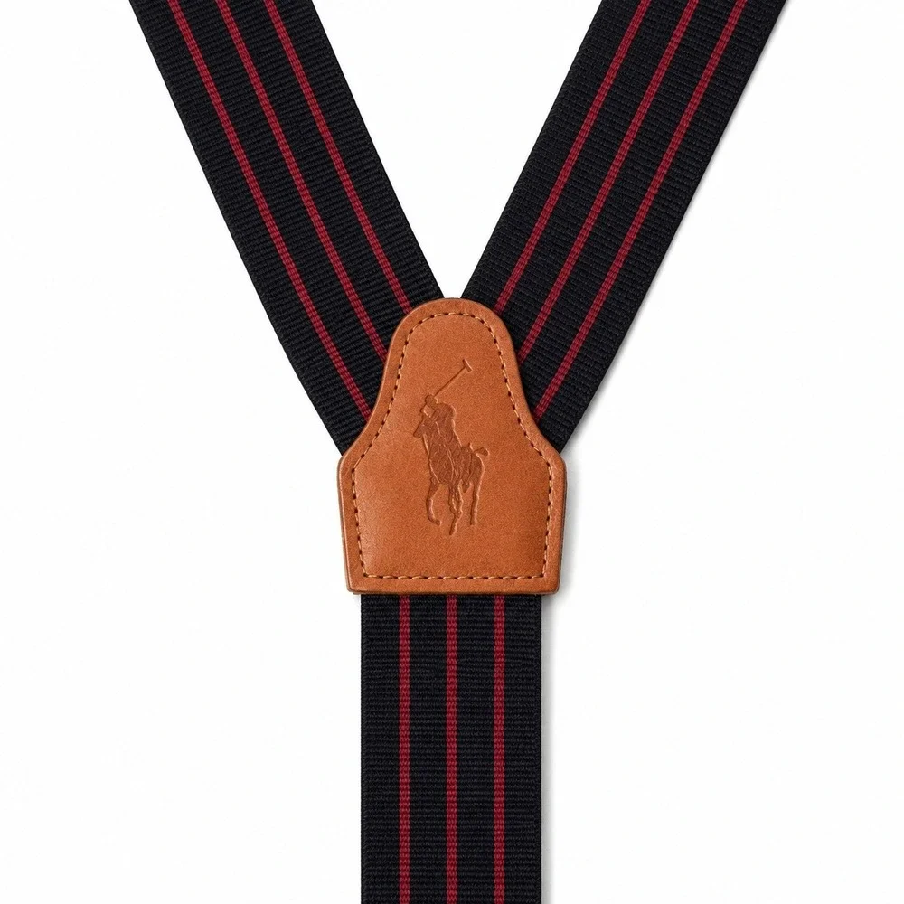 Polo Ralph Lauren Suspenders Men OS Navy Red Striped Leather Button End Braces